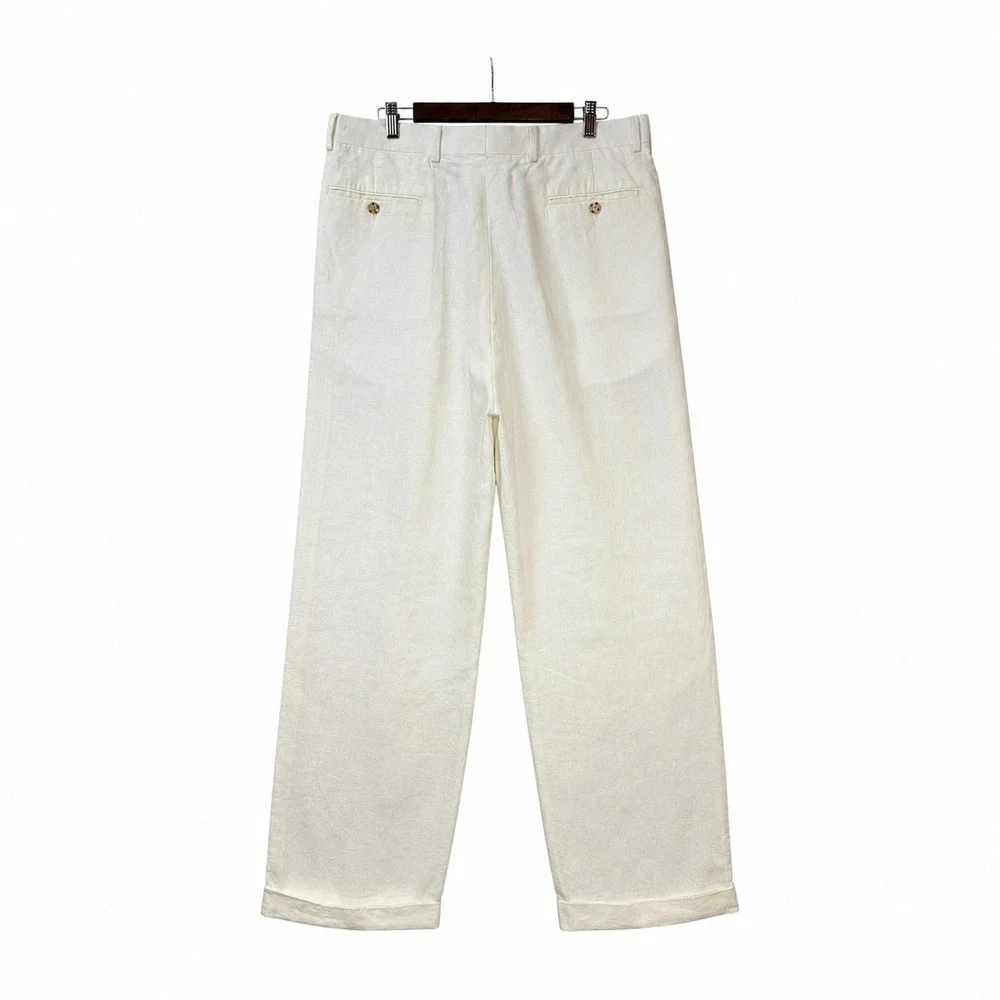 Paul Fredrick Mens Linen Dress Pants 36 x 32 Ivory Pleated Cuffed Hem Preppy